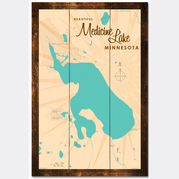 Medicine Lake Minnesota, Rustic Wood Sign Map Art