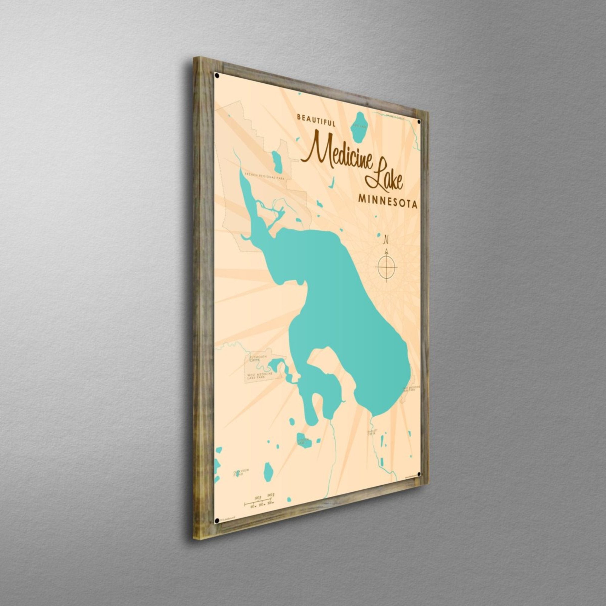 Medicine Lake Minnesota, Wood-Mounted Metal Sign Map Art