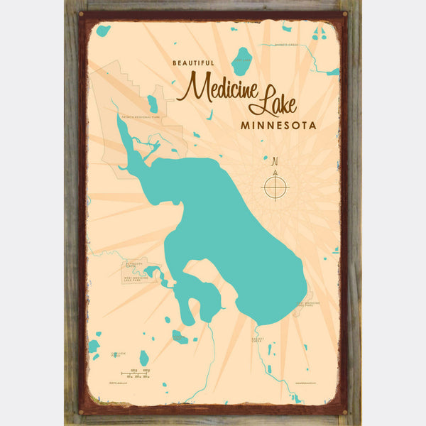 Medicine Lake Minnesota, Wood-Mounted Rustic Metal Sign Map Art