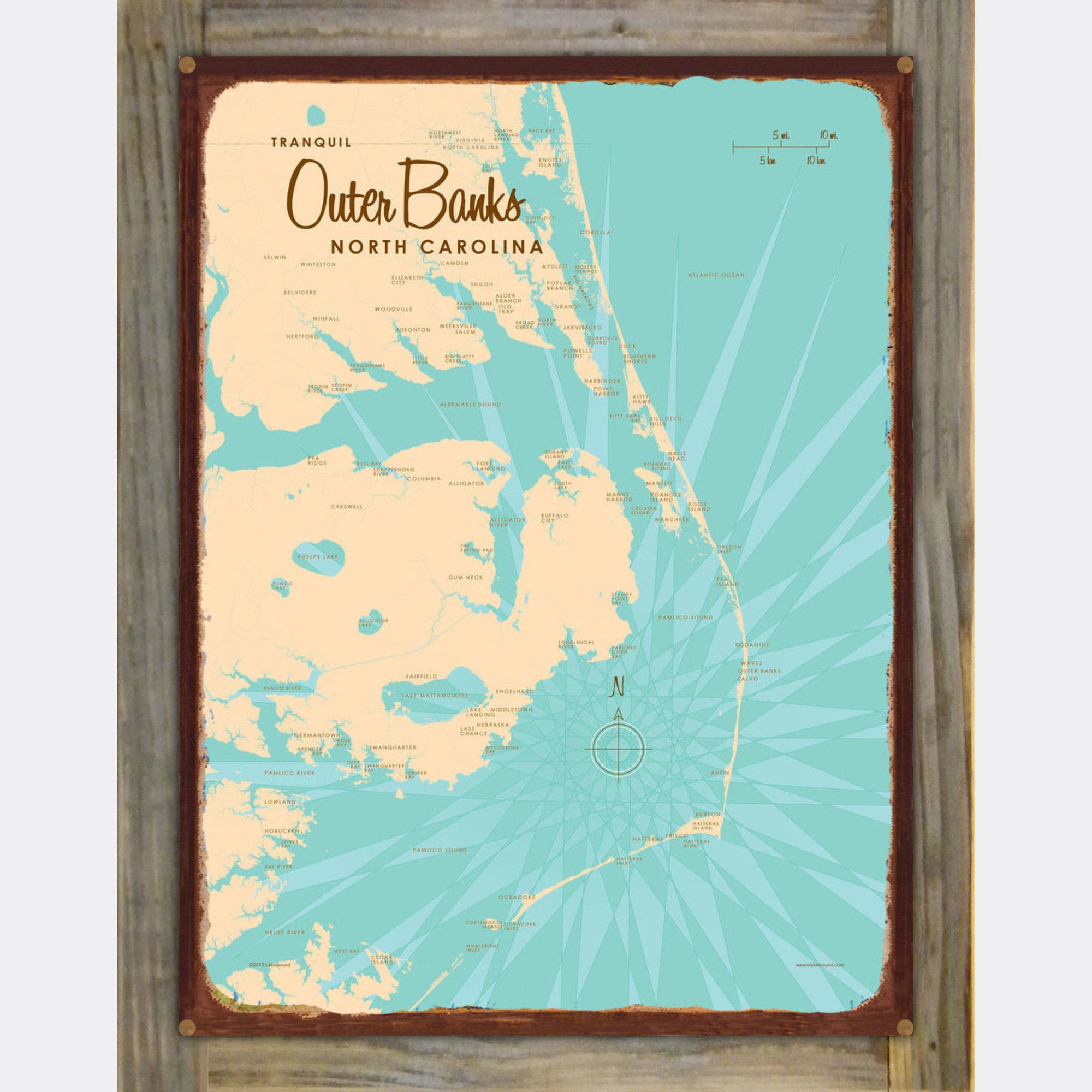 Outer Banks North Carolina, Wood-Mounted Rustic Metal Sign Map Art