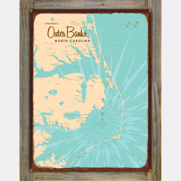 Outer Banks North Carolina, Wood-Mounted Rustic Metal Sign Map Art