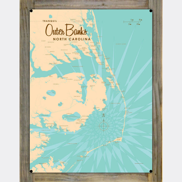Outer Banks North Carolina, Wood-Mounted Metal Sign Map Art