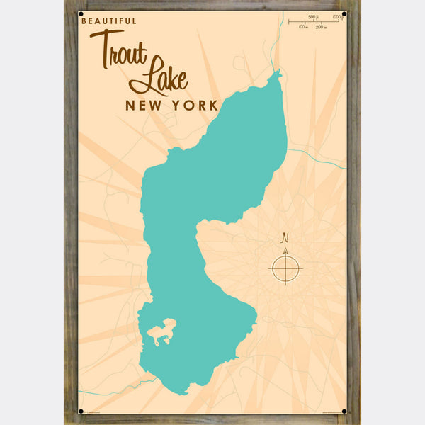 Trout Lake New York, Wood-Mounted Metal Sign Map Art
