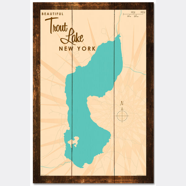 Trout Lake New York, Rustic Wood Sign Map Art