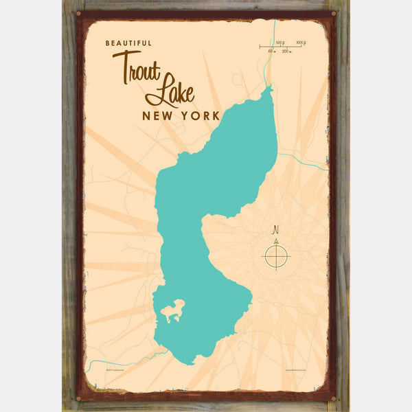 Trout Lake New York, Wood-Mounted Rustic Metal Sign Map Art