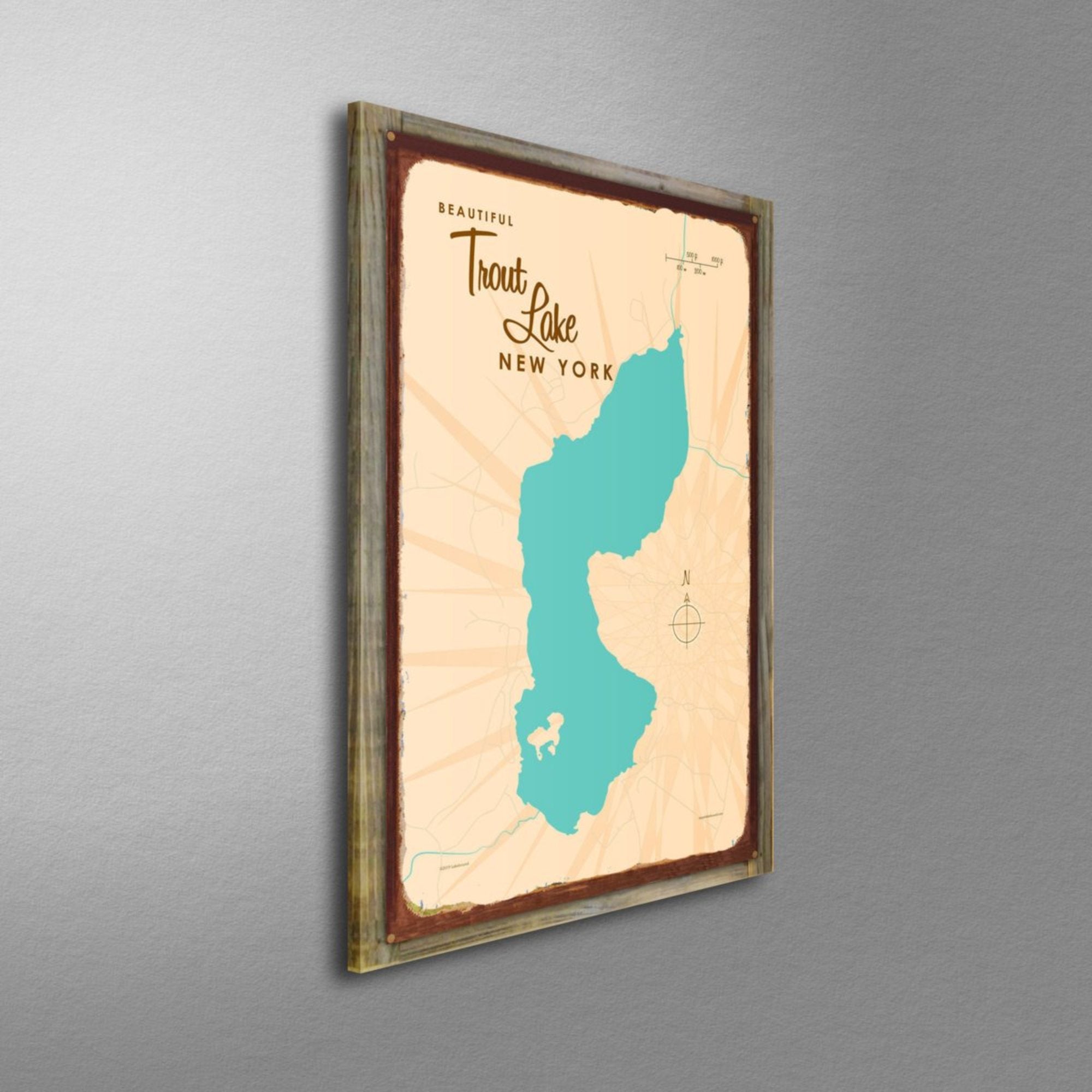 Trout Lake New York, Wood-Mounted Rustic Metal Sign Map Art