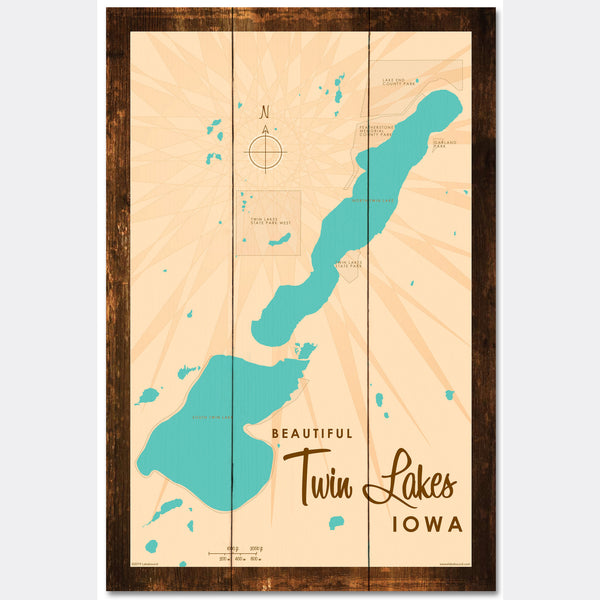 Twin Lakes Iowa, Rustic Wood Sign Map Art