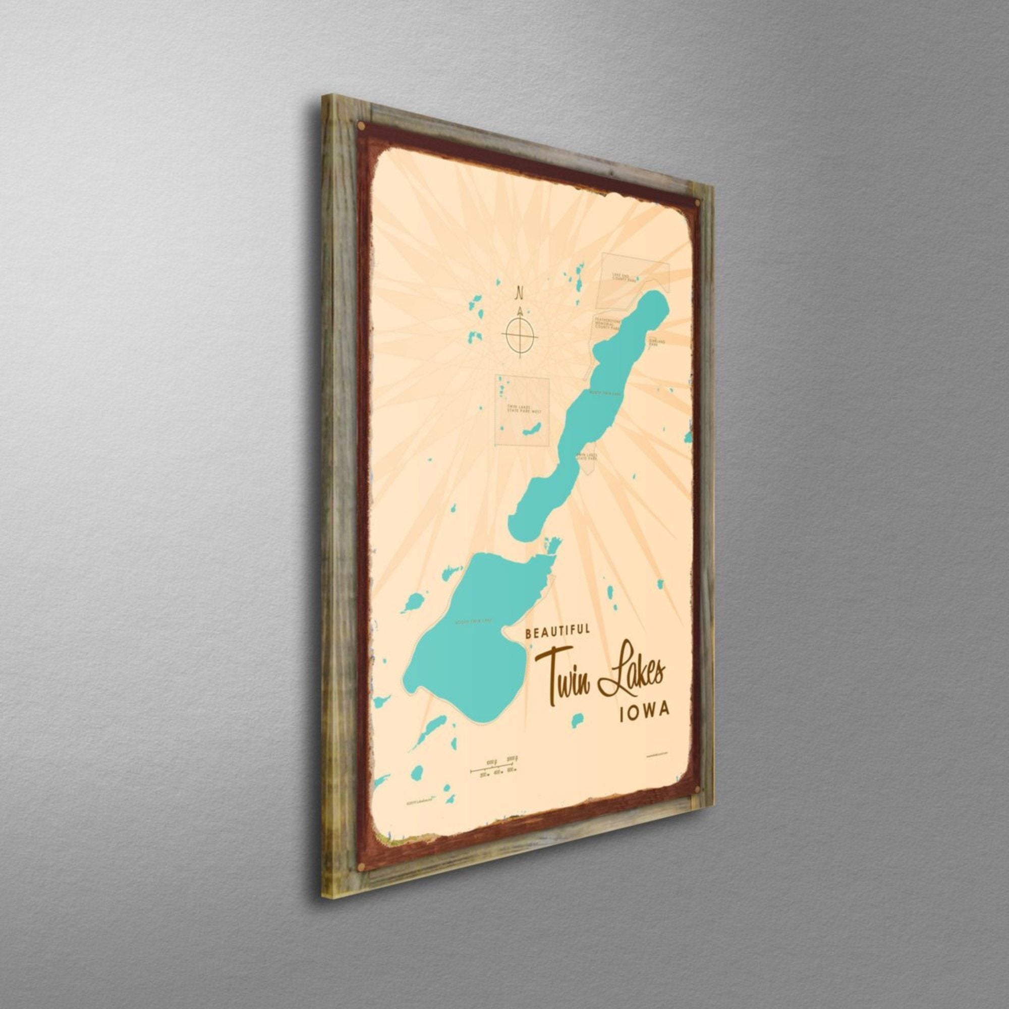 Twin Lakes Iowa, Wood-Mounted Rustic Metal Sign Map Art