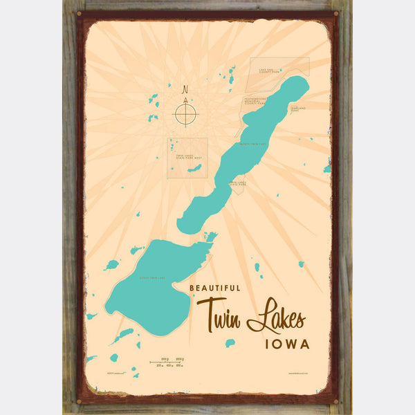 Twin Lakes Iowa, Wood-Mounted Rustic Metal Sign Map Art