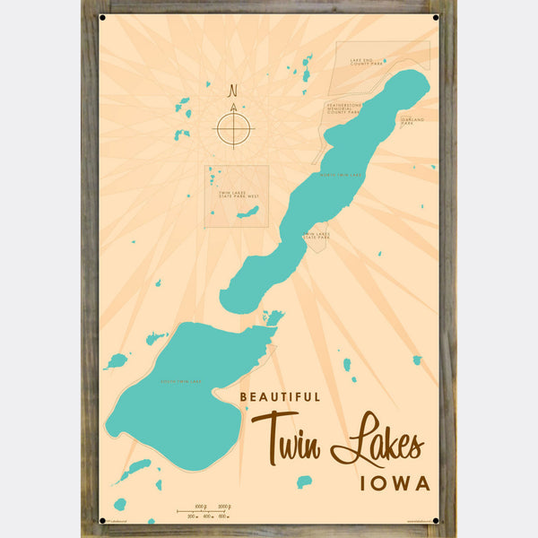 Twin Lakes Iowa, Wood-Mounted Metal Sign Map Art