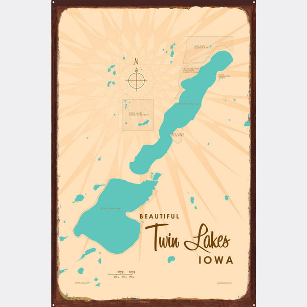 Twin Lakes Iowa, Rustic Metal Sign Map Art