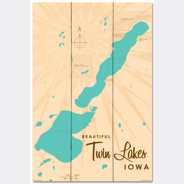 Twin Lakes Iowa, Wood Sign Map Art