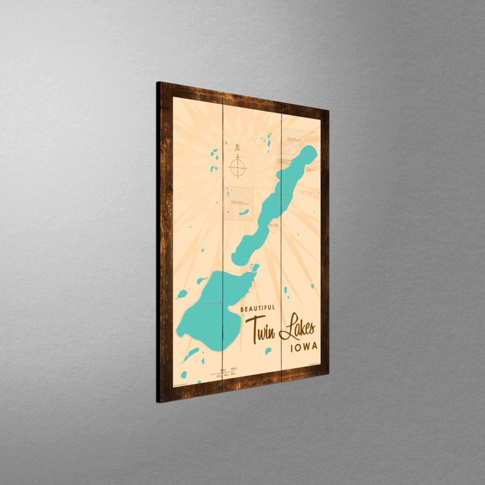 Twin Lakes Iowa, Rustic Wood Sign Map Art