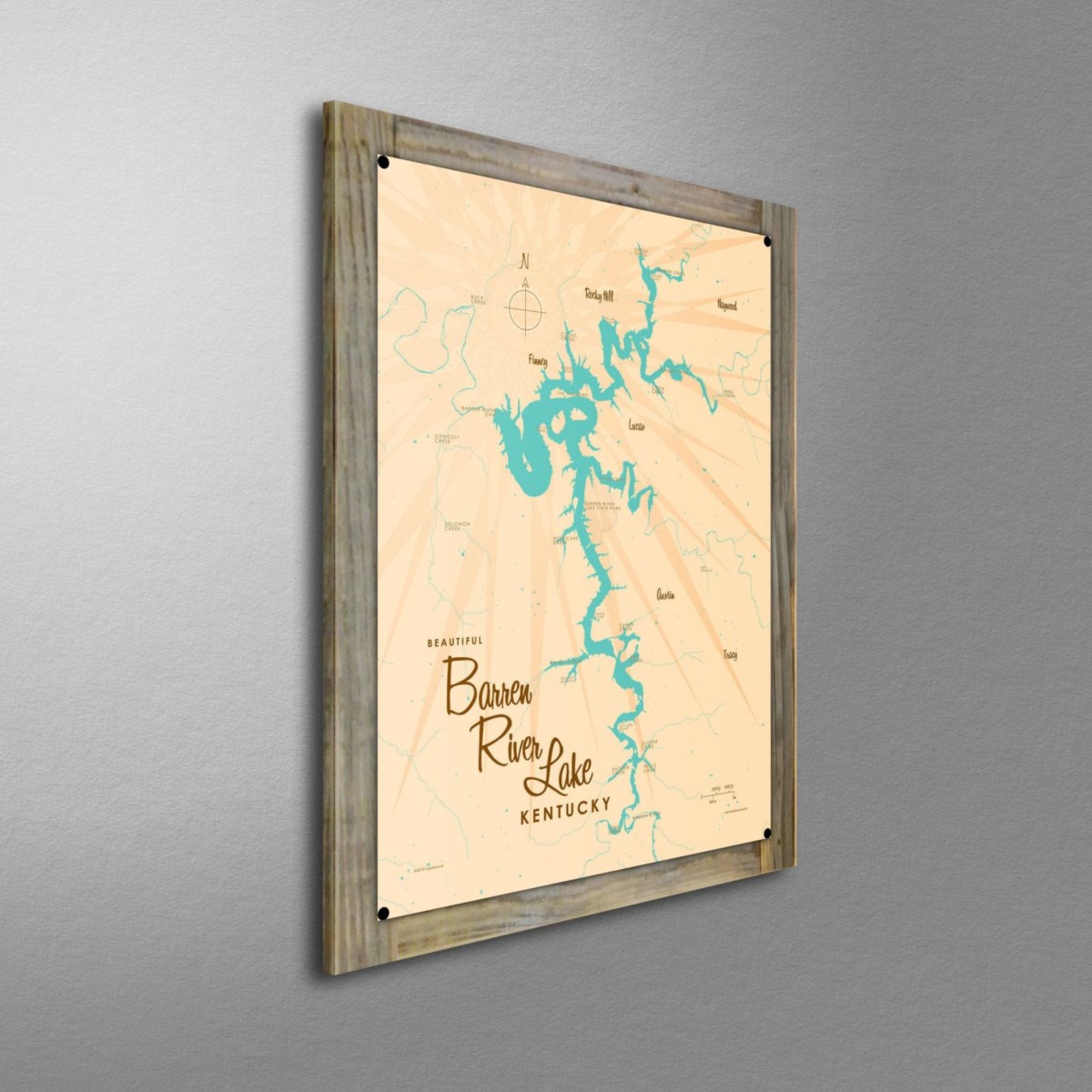 Barren River Lake Kentucky, Wood-Mounted Metal Sign Map Art