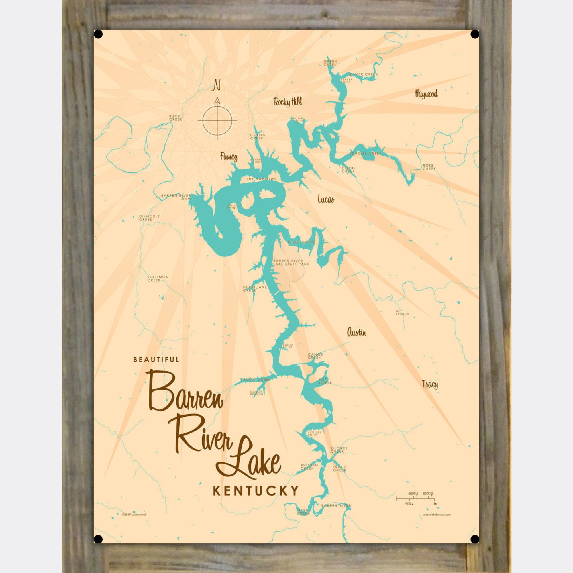 Barren River Lake Kentucky, Wood-Mounted Metal Sign Map Art