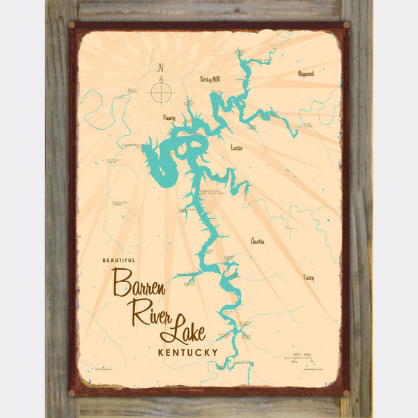 Barren River Lake Kentucky, Wood-Mounted Rustic Metal Sign Map Art