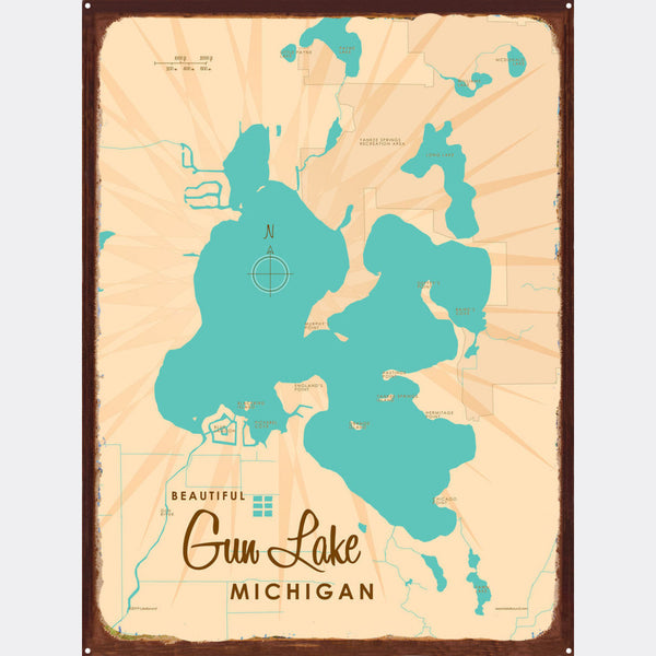 Gun Lake Michigan, Rustic Metal Sign Map Art