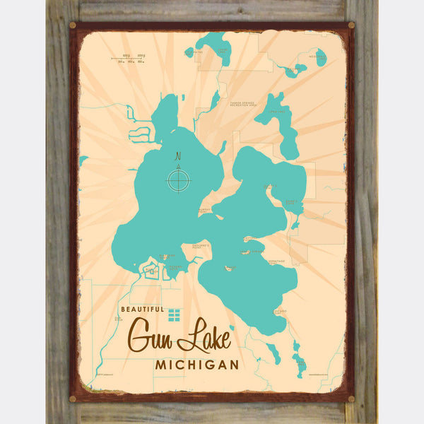 Gun Lake Michigan, Wood-Mounted Rustic Metal Sign Map Art