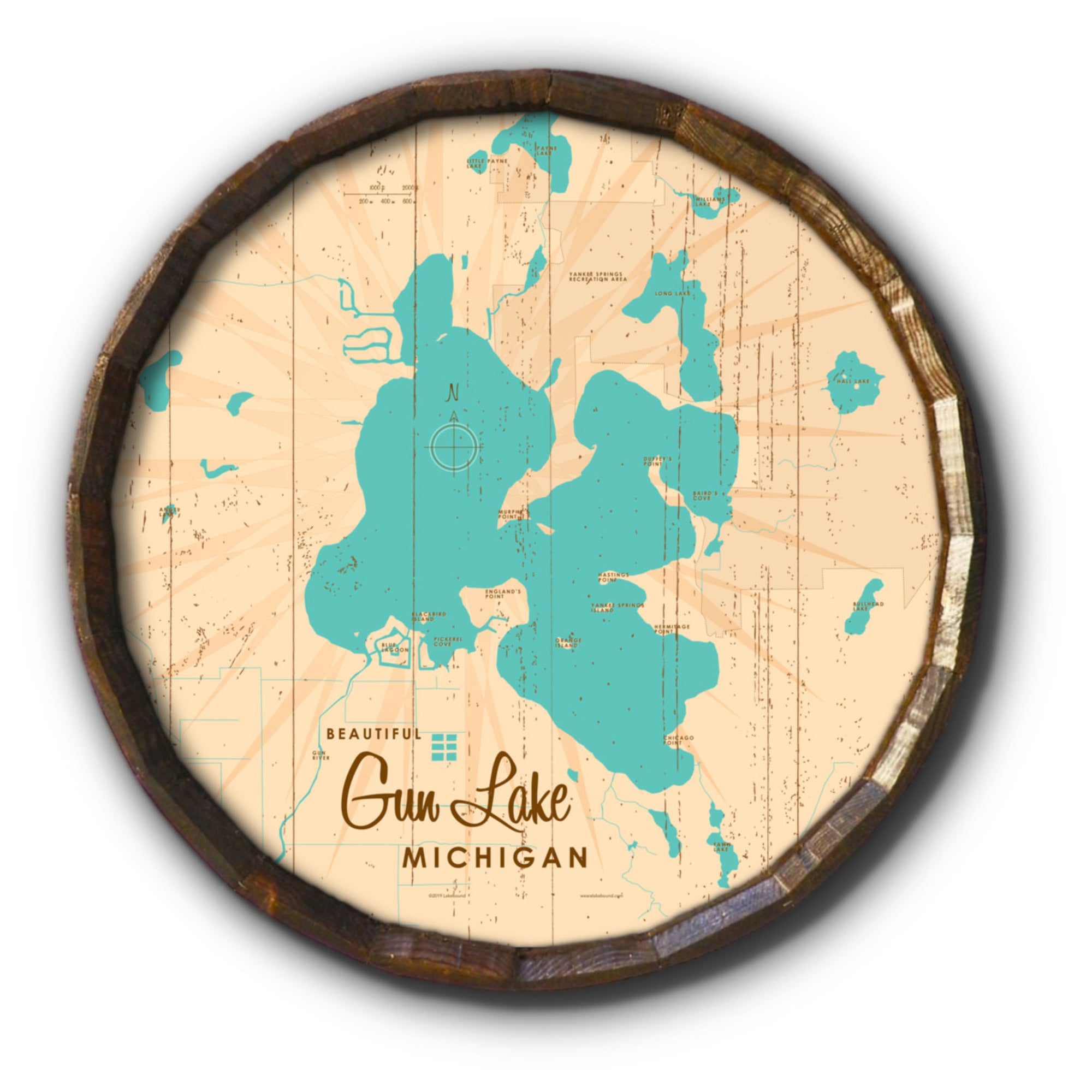 Gun Lake Michigan, Rustic Barrel End Map Art