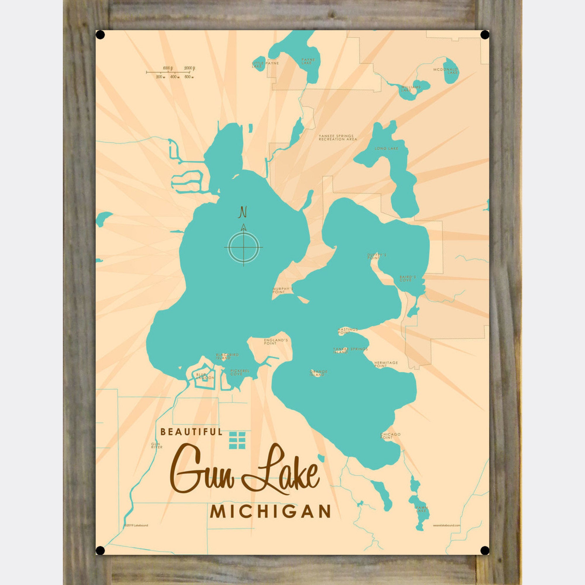 Gun Lake Michigan, Wood-Mounted Metal Sign Map Art