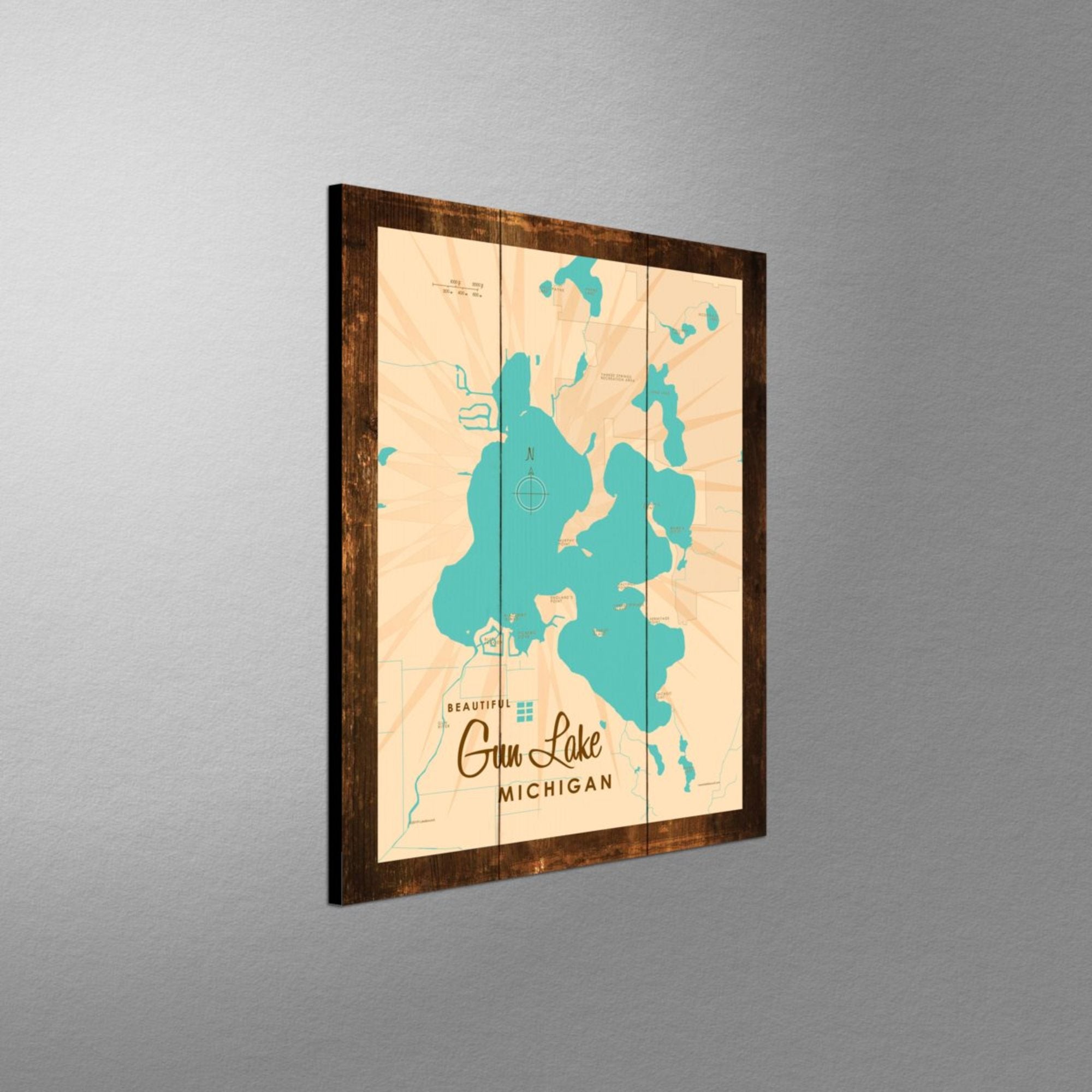 Gun Lake Michigan, Rustic Wood Sign Map Art