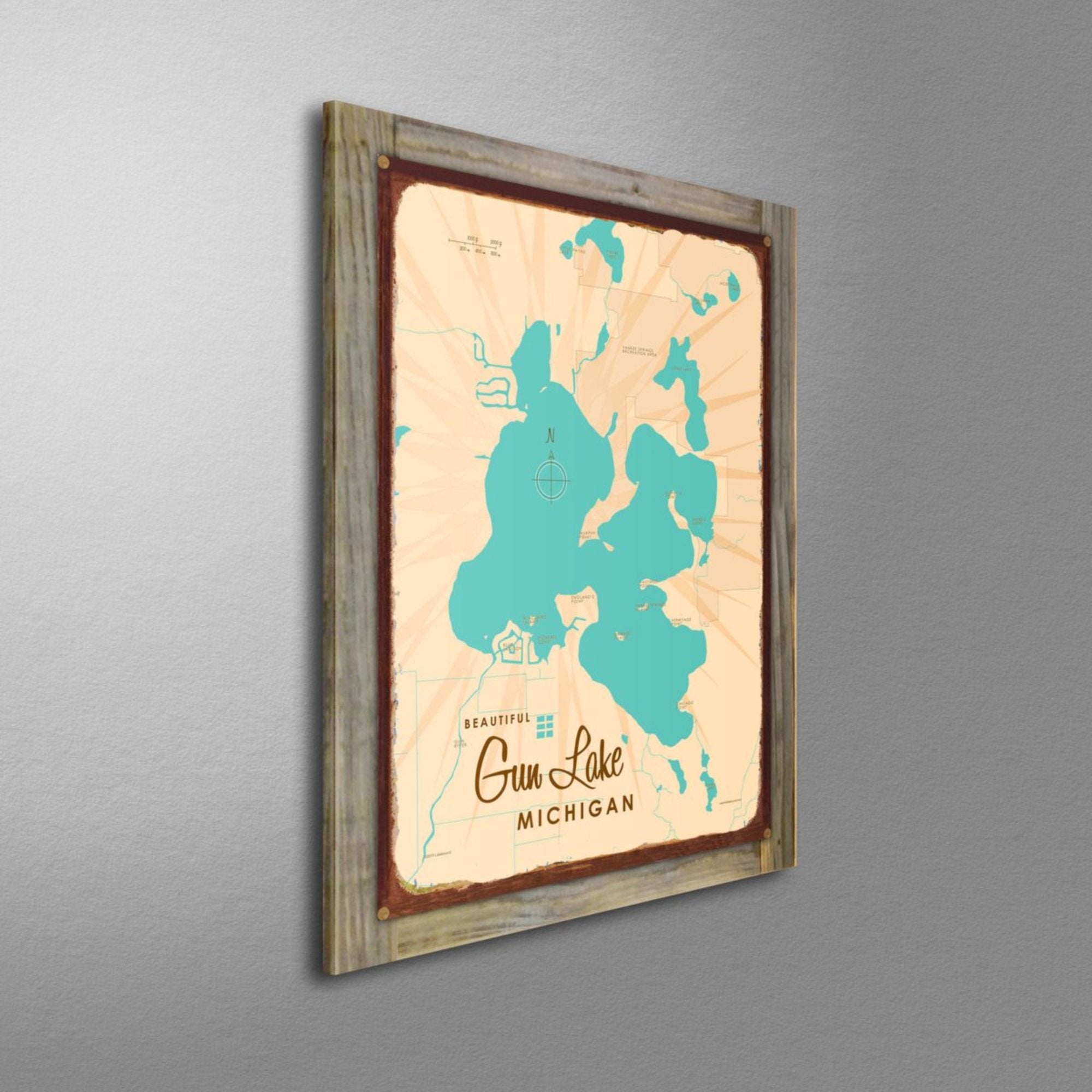 Gun Lake Michigan, Wood-Mounted Rustic Metal Sign Map Art