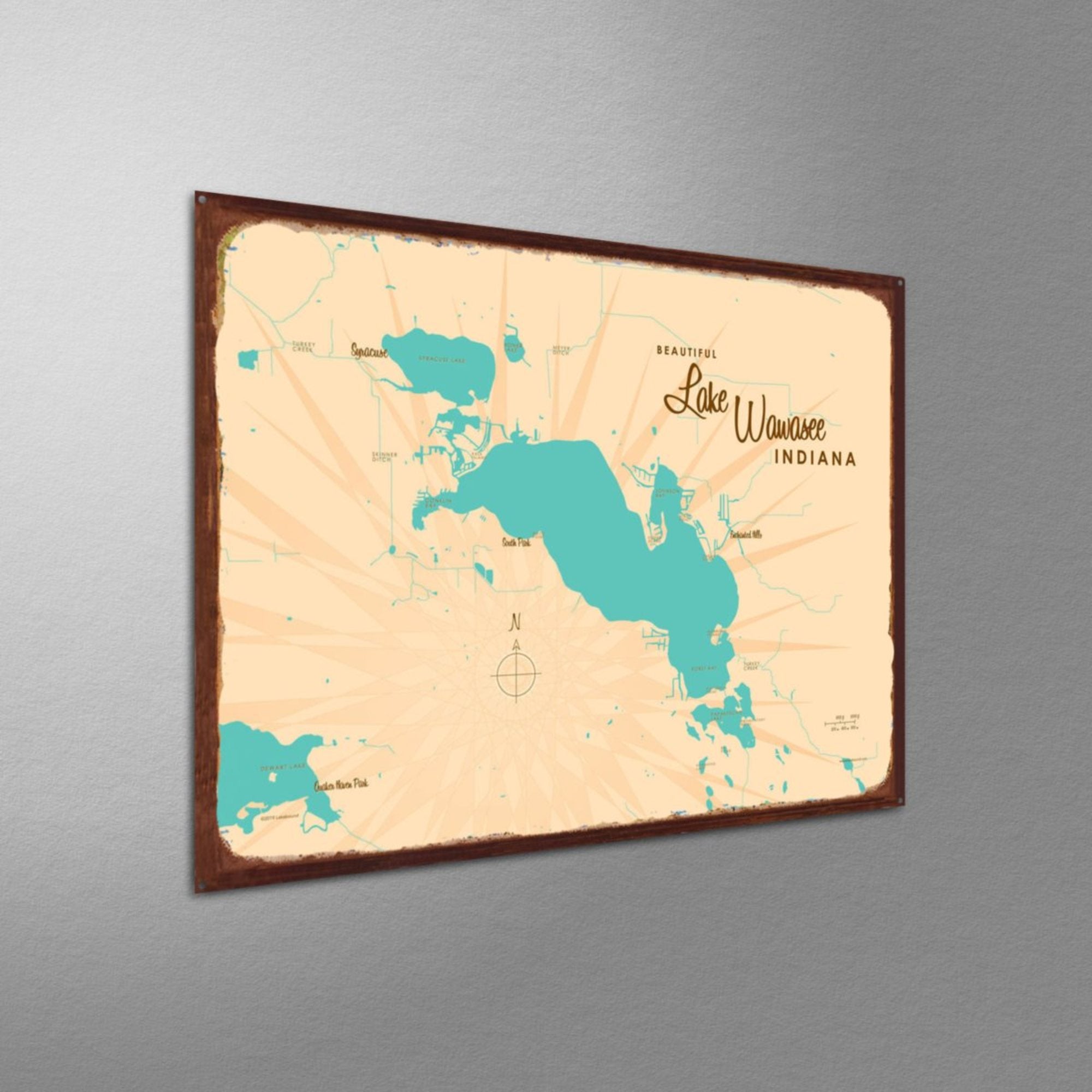 Lake Wawasee Indiana, Rustic Metal Sign Map Art