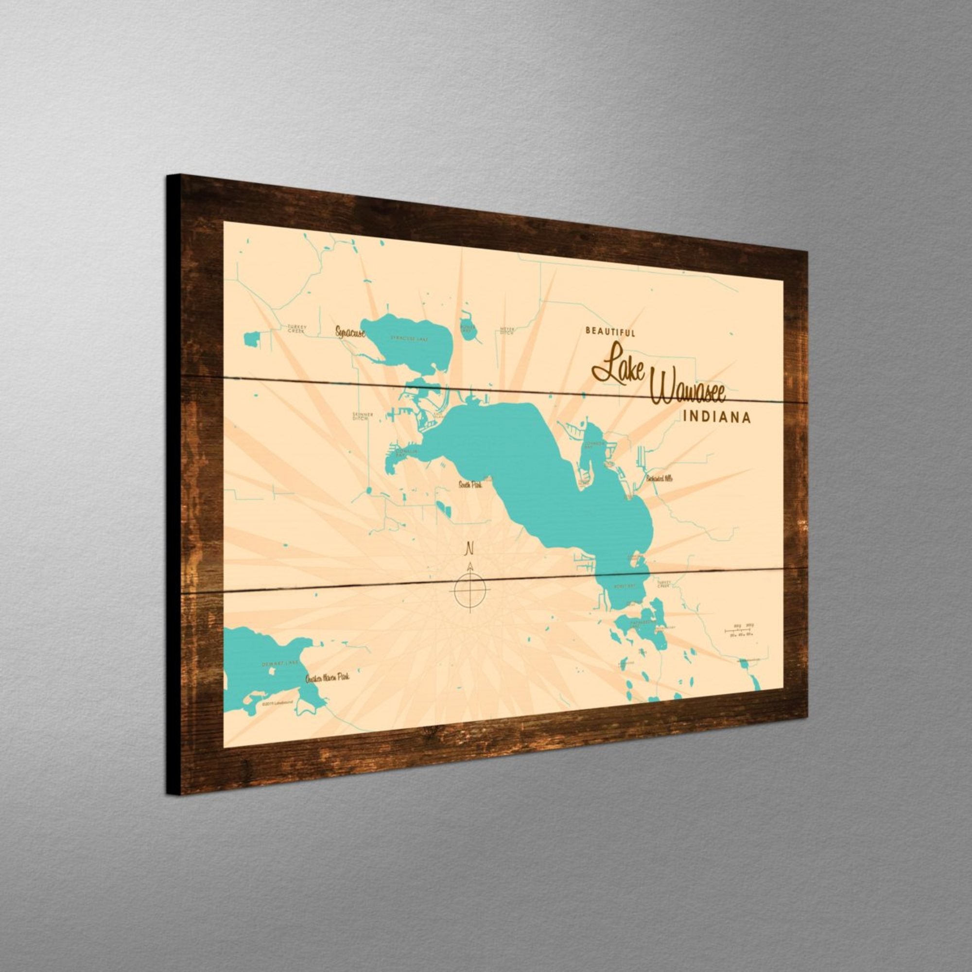 Lake Wawasee Indiana, Rustic Wood Sign Map Art