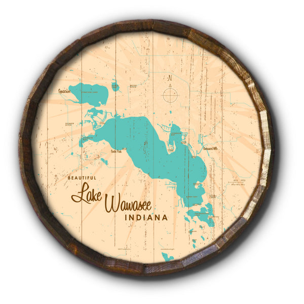Lake Wawasee Indiana, Rustic Barrel End Map Art