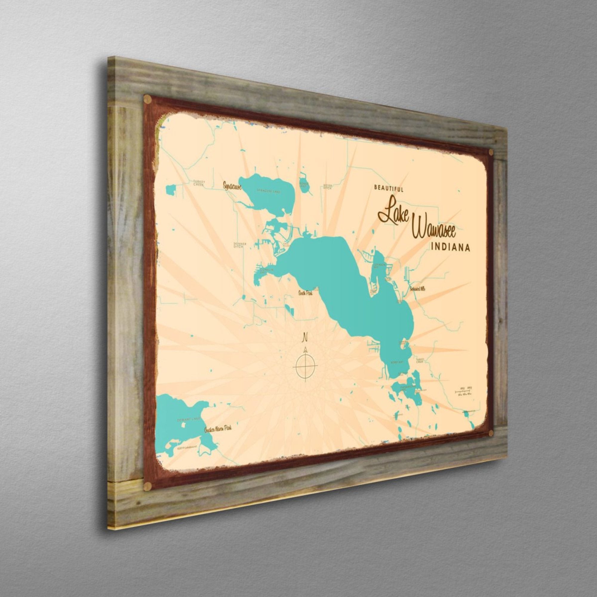 Lake Wawasee Indiana, Wood-Mounted Rustic Metal Sign Map Art