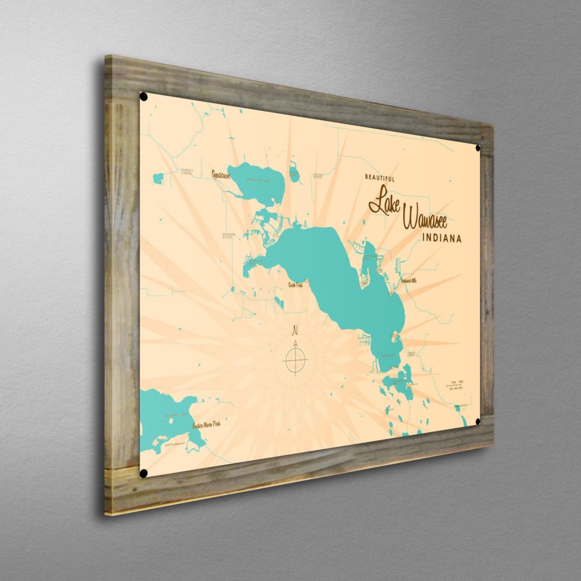 Lake Wawasee Indiana, Wood-Mounted Metal Sign Map Art