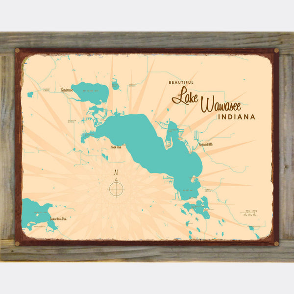 Lake Wawasee Indiana, Wood-Mounted Rustic Metal Sign Map Art