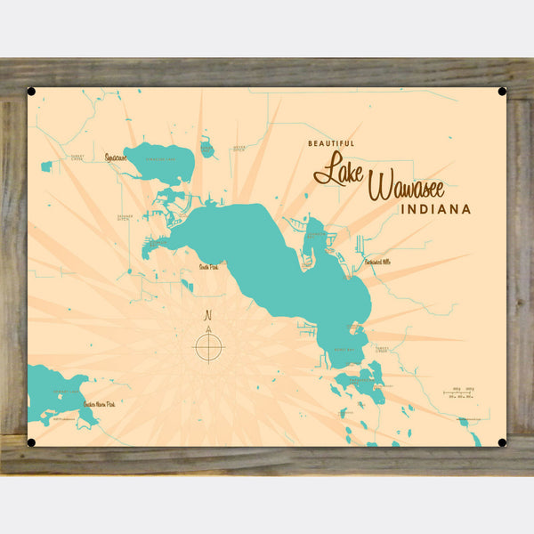 Lake Wawasee Indiana, Wood-Mounted Metal Sign Map Art