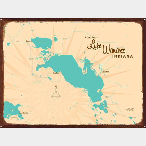 Lake Wawasee Indiana, Rustic Metal Sign Map Art