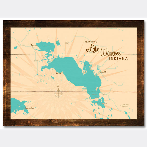 Lake Wawasee Indiana, Rustic Wood Sign Map Art