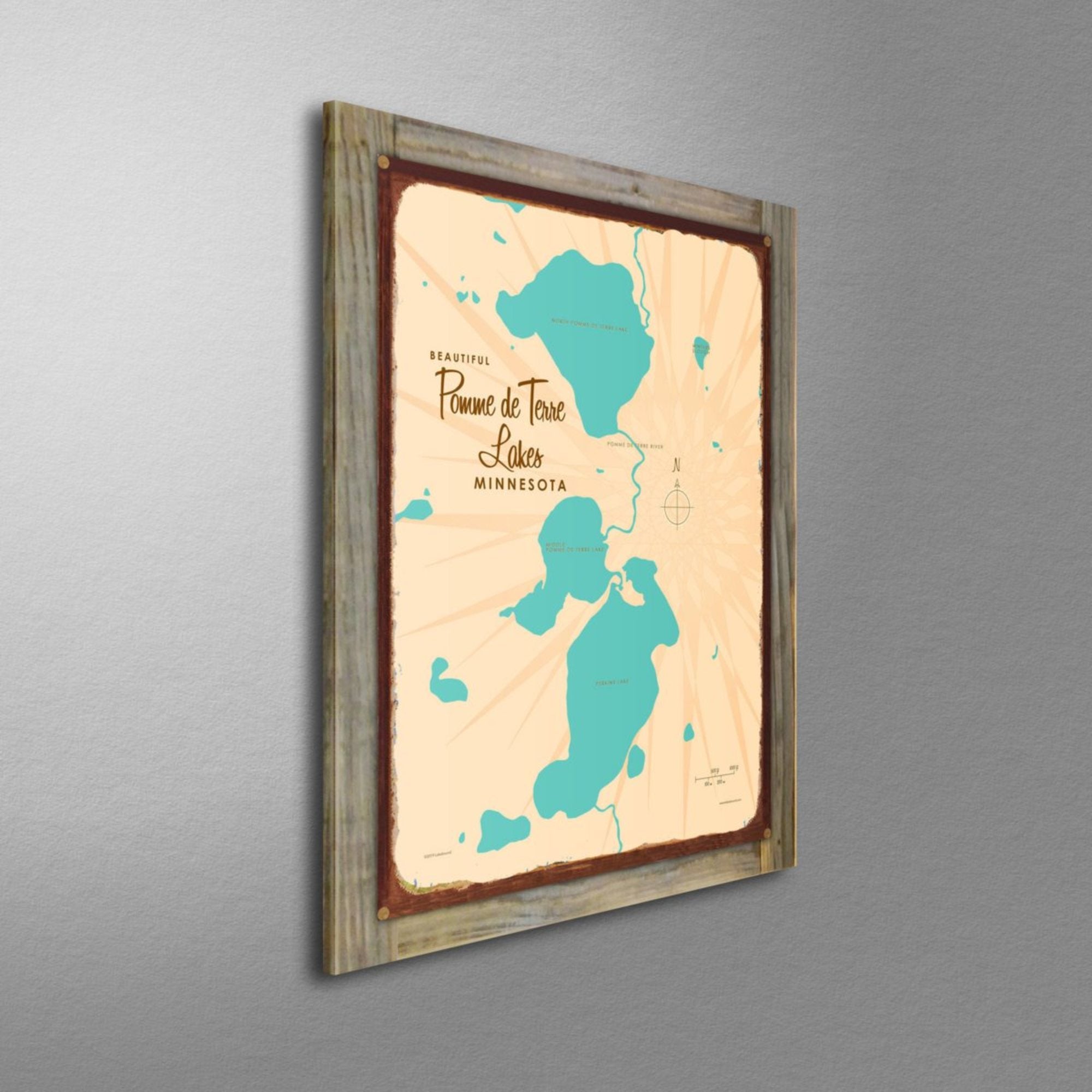 Pomme de Terre Lakes Minnesota, Wood-Mounted Rustic Metal Sign Map Art
