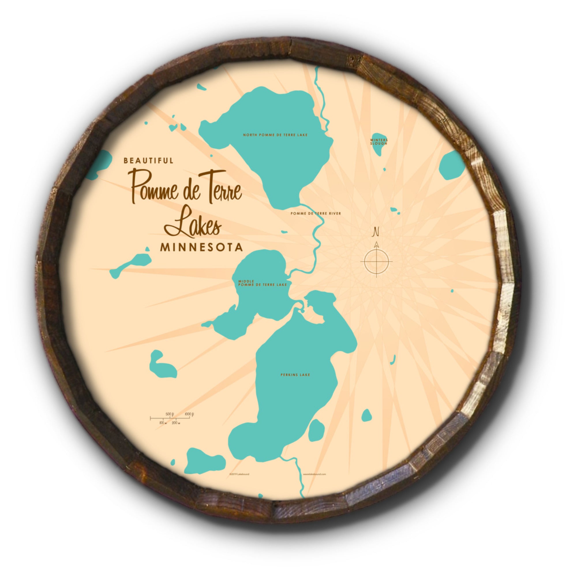 Pomme de Terre Lakes Minnesota, Barrel End Map Art