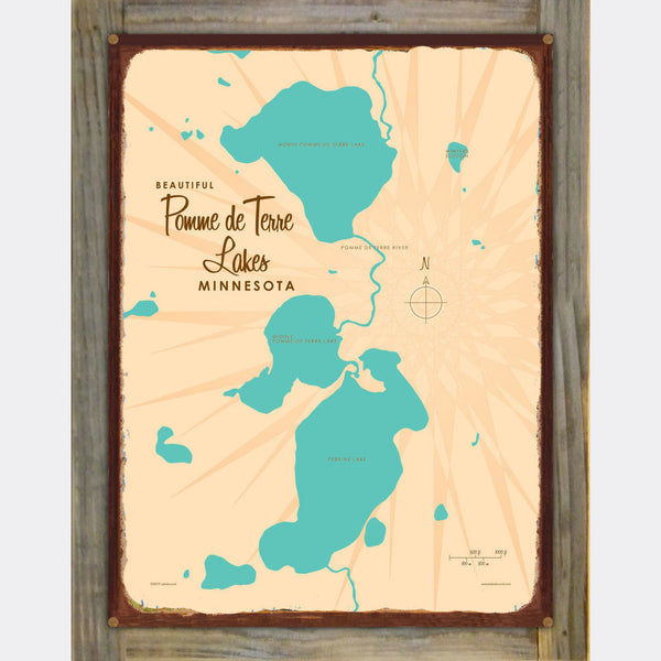 Pomme de Terre Lakes Minnesota, Wood-Mounted Rustic Metal Sign Map Art