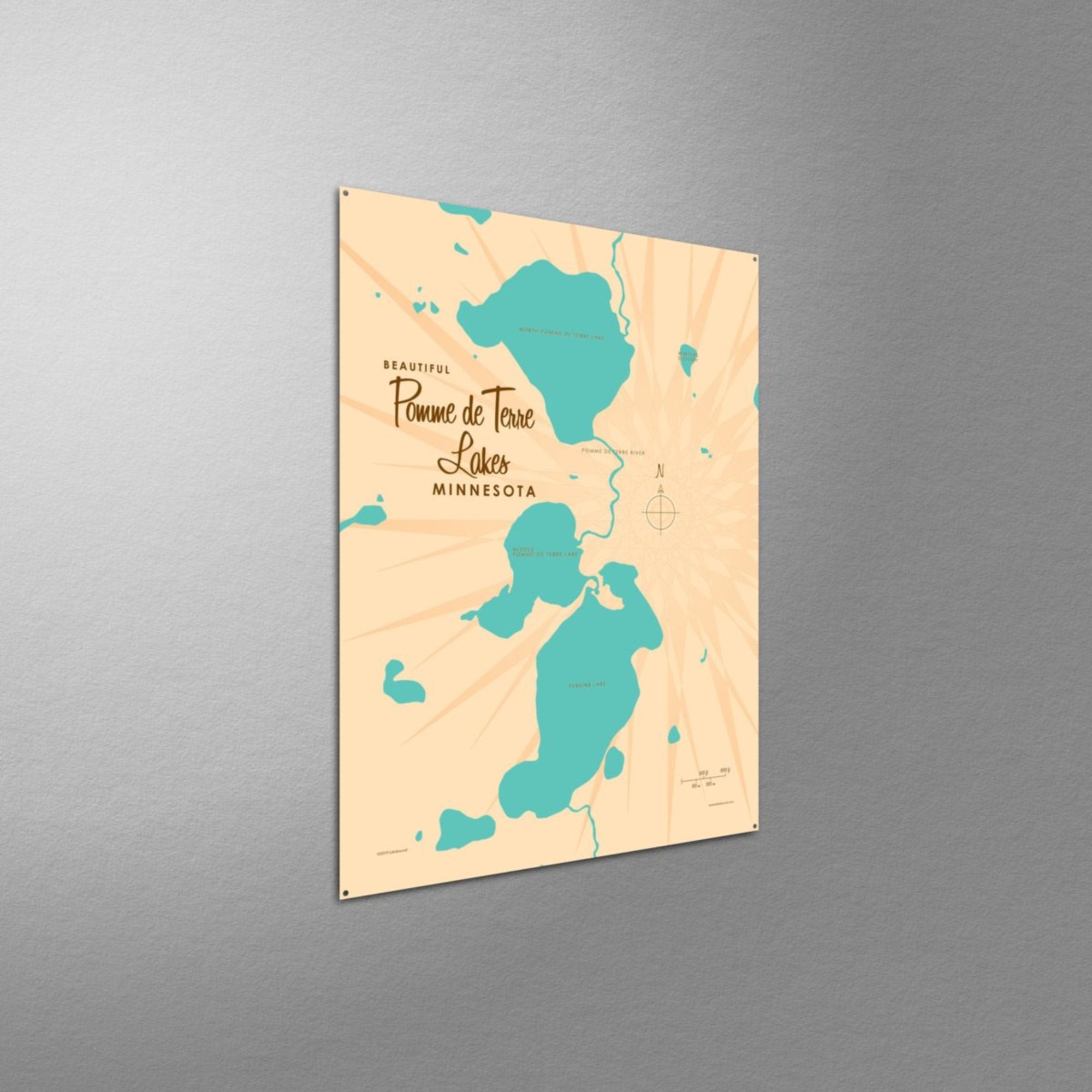 Pomme de Terre Lakes Minnesota, Metal Sign Map Art