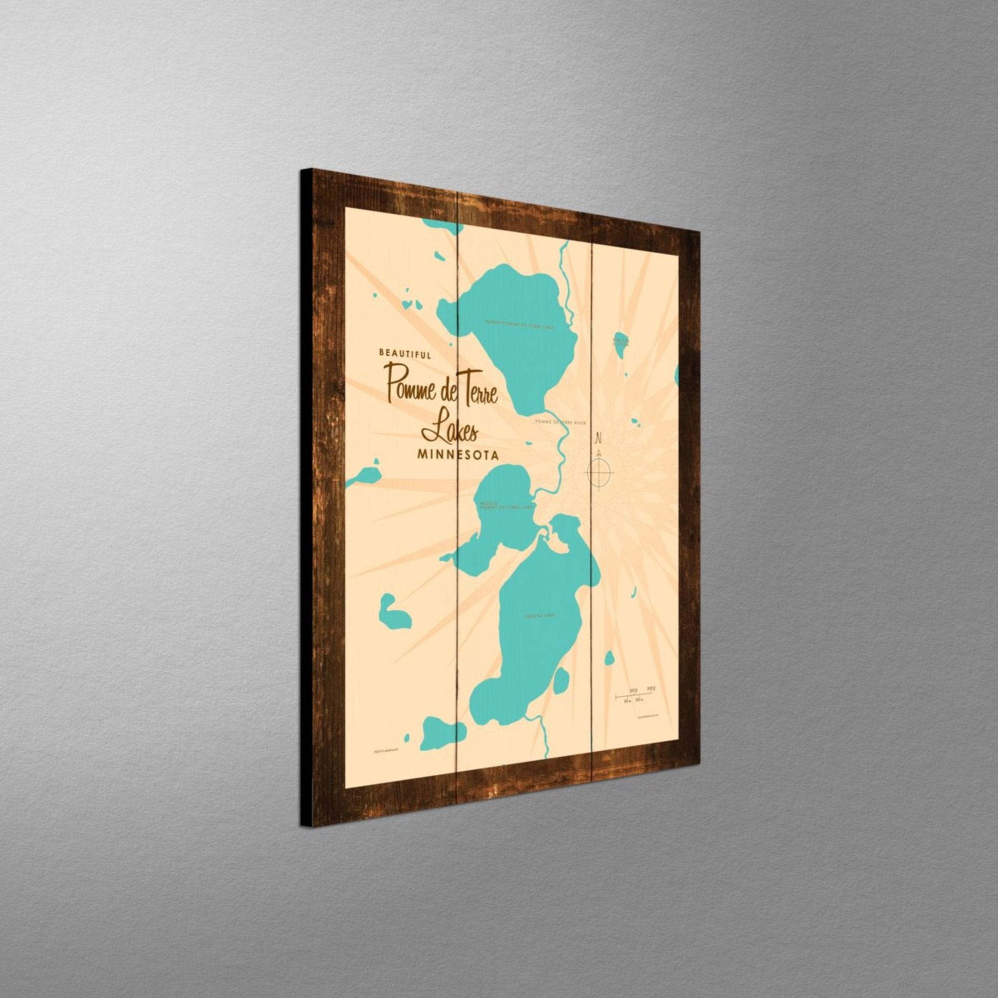 Pomme de Terre Lakes Minnesota, Rustic Wood Sign Map Art