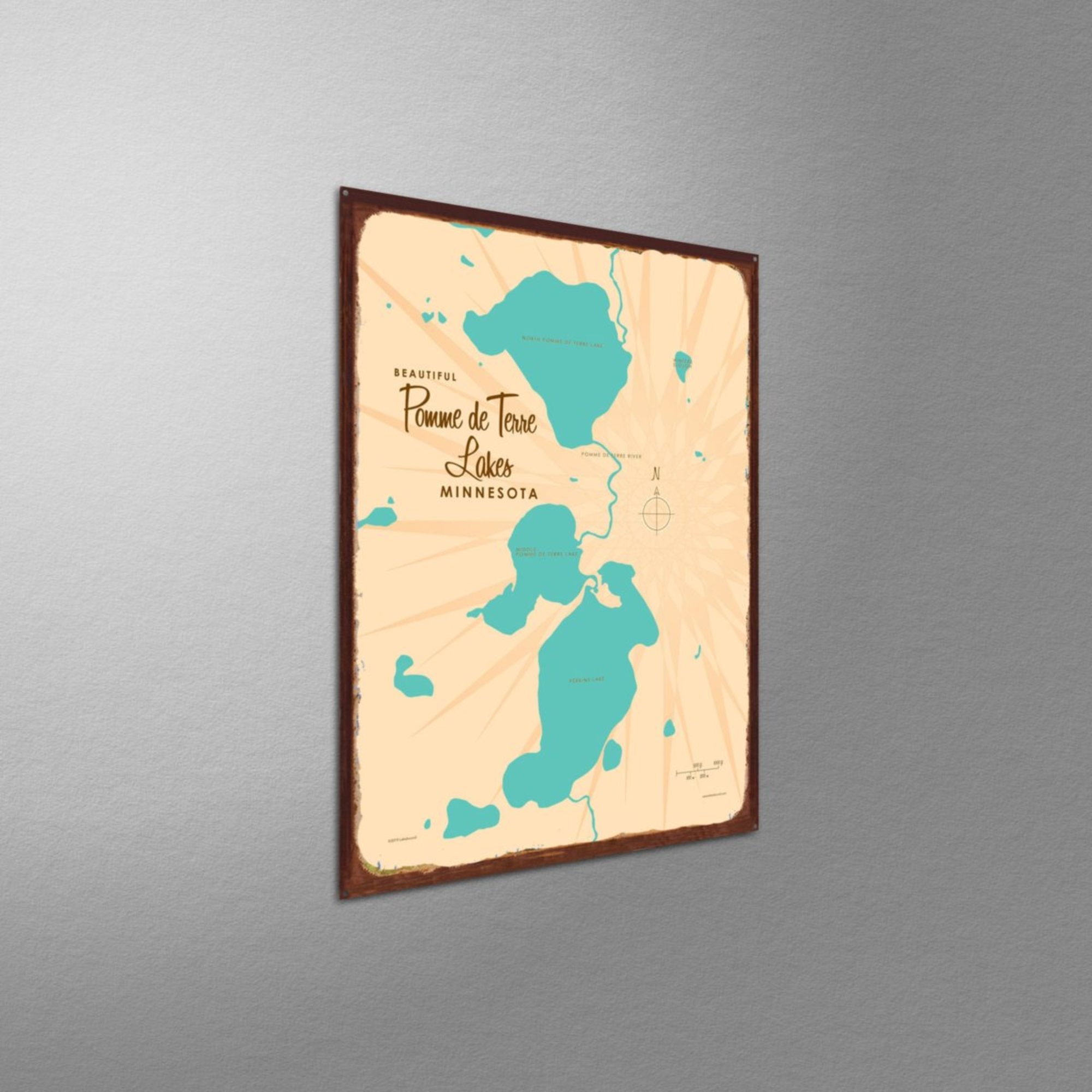Pomme de Terre Lakes Minnesota, Rustic Metal Sign Map Art
