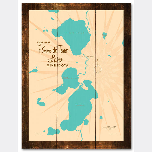 Pomme de Terre Lakes Minnesota, Rustic Wood Sign Map Art