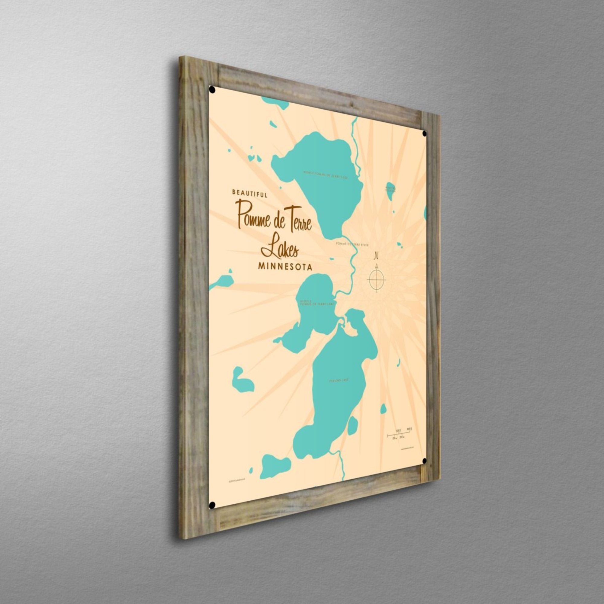 Pomme de Terre Lakes Minnesota, Wood-Mounted Metal Sign Map Art