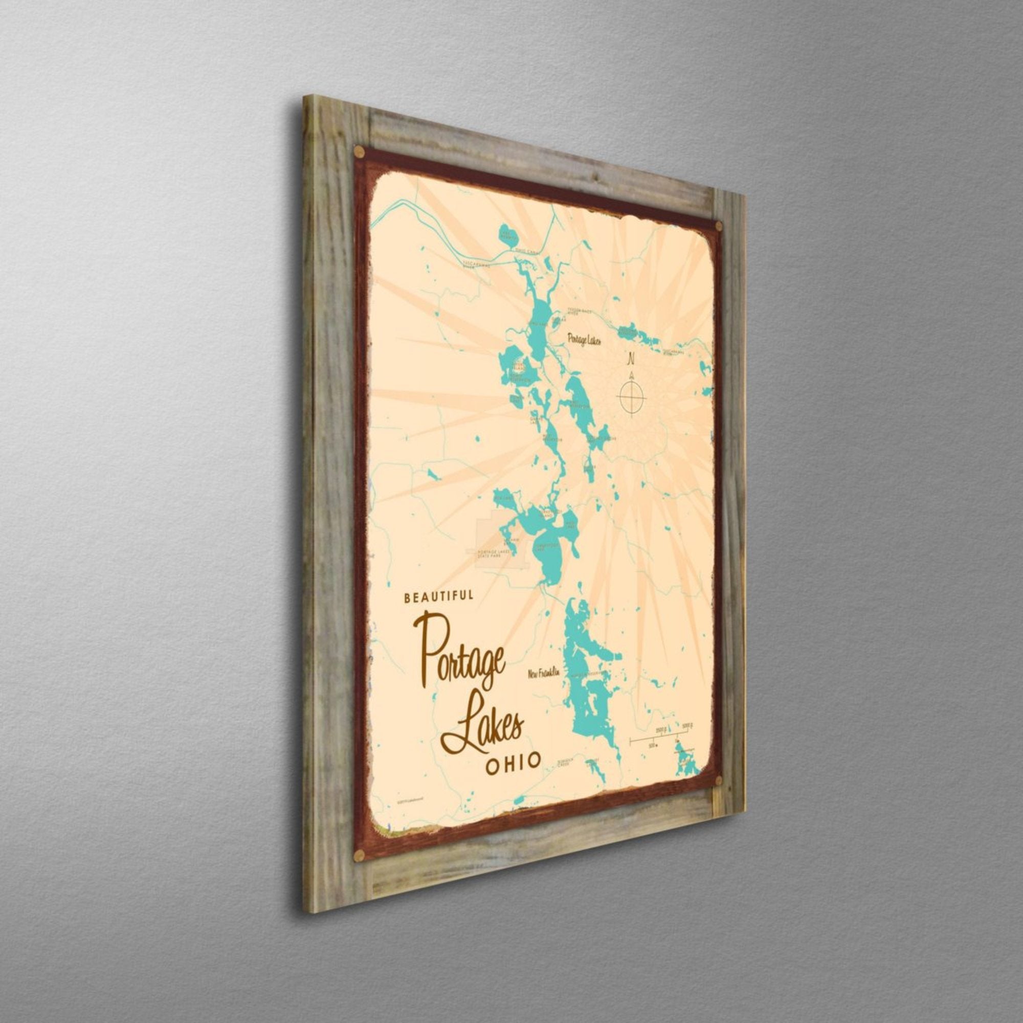 Portage Lakes Ohio, Wood-Mounted Rustic Metal Sign Map Art