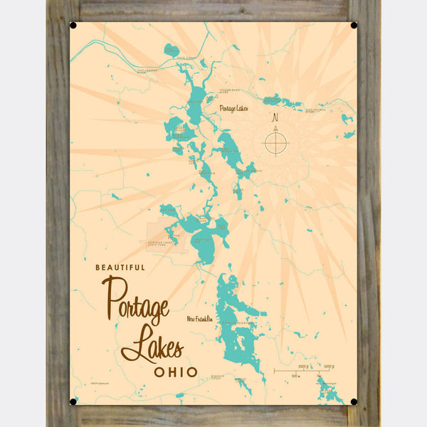 Portage Lakes Ohio, Wood-Mounted Metal Sign Map Art