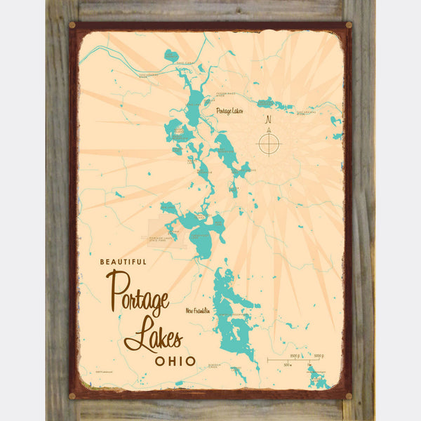 Portage Lakes Ohio, Wood-Mounted Rustic Metal Sign Map Art