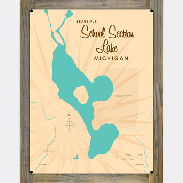 School Section Lake Michigan, Wood-Mounted Metal Sign Map Art