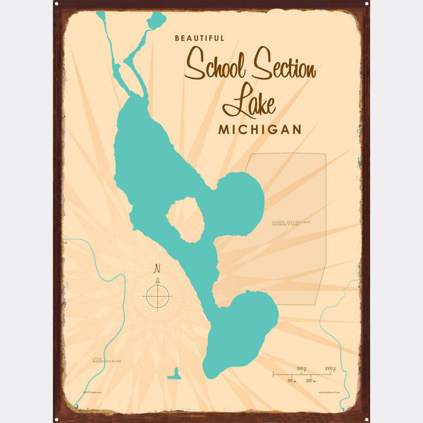 School Section Lake Michigan, Rustic Metal Sign Map Art