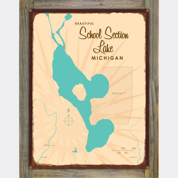 School Section Lake Michigan, Wood-Mounted Rustic Metal Sign Map Art
