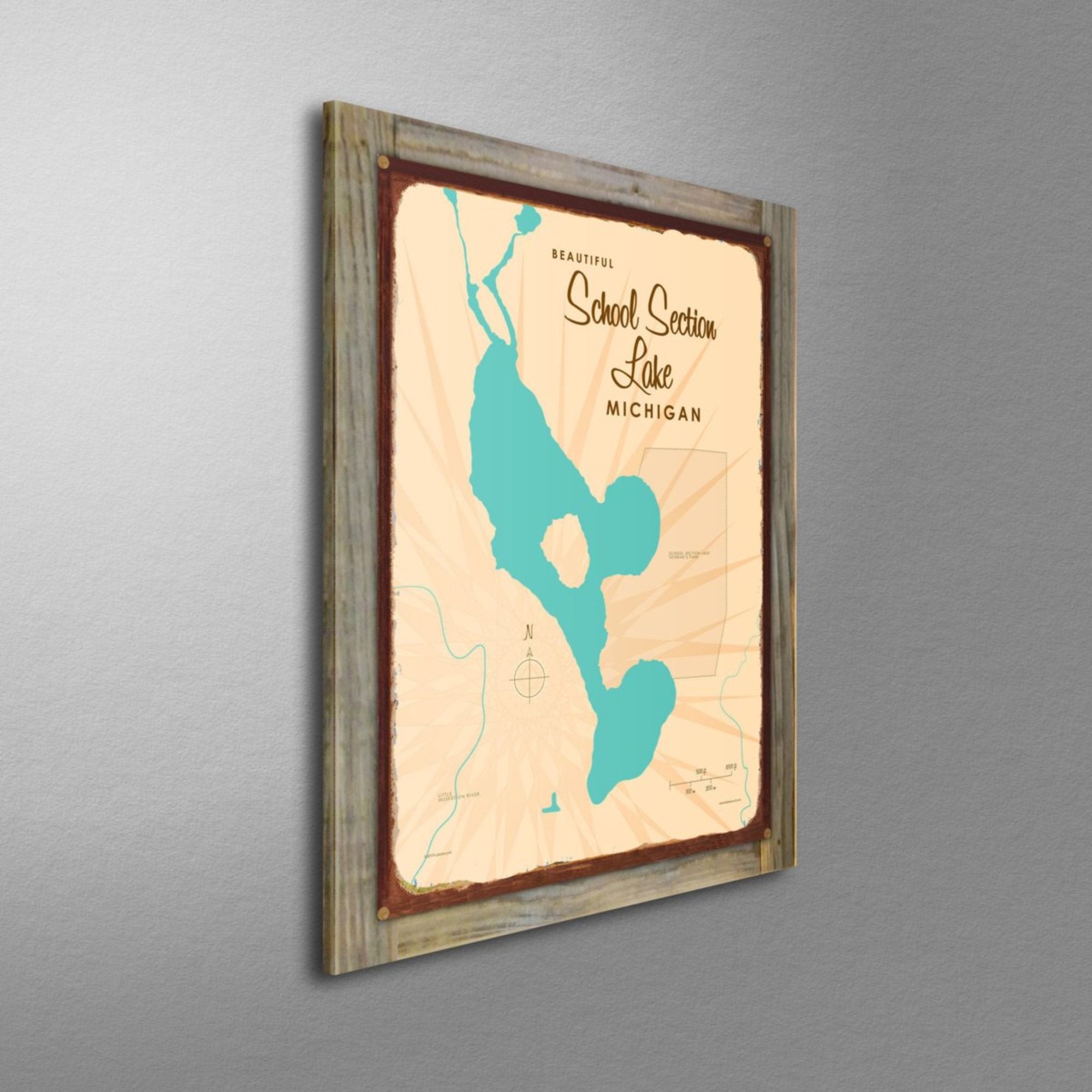 School Section Lake Michigan, Wood-Mounted Rustic Metal Sign Map Art